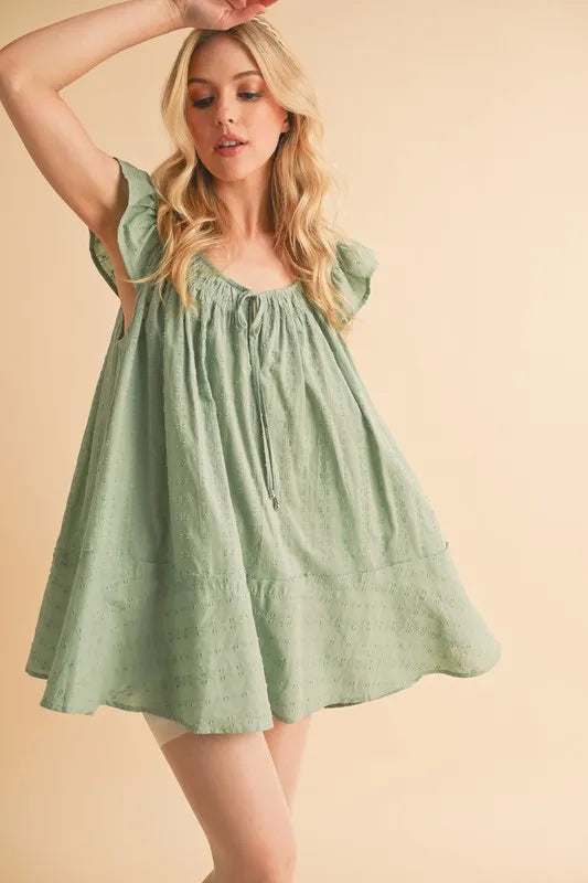 Ruffled Cap Sleeve Cotton Tunic Mini Dress in Pistachio - product view 6