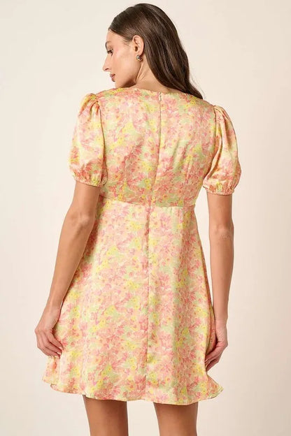 Printed V-Neck Puff Sleeve Mini Dress in Yellow Combo - product view 3