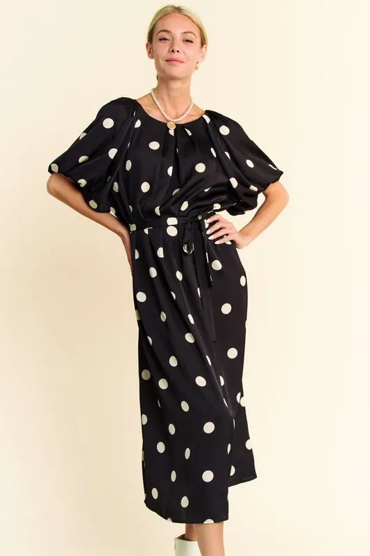 Polka Dot Puff Sleeves Waist Tie Midi Dress in Black - product view 2