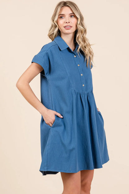Twill Short Sleeve Collared Mini Dress - Denim - product view 3