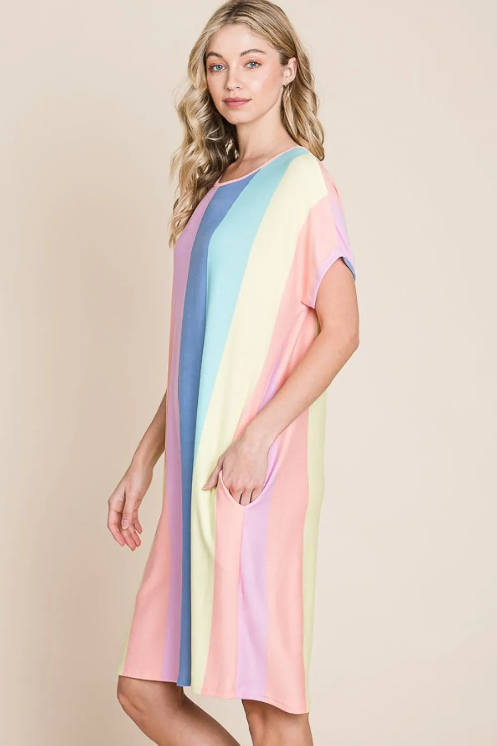 Striped Short Sleeve Dress with Pockets - Stripe - BOMBOM - Style 41996 - product view 4