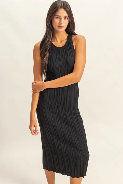 Round Neck Bodycon Ribbed Knit Dress - Black - product view 2