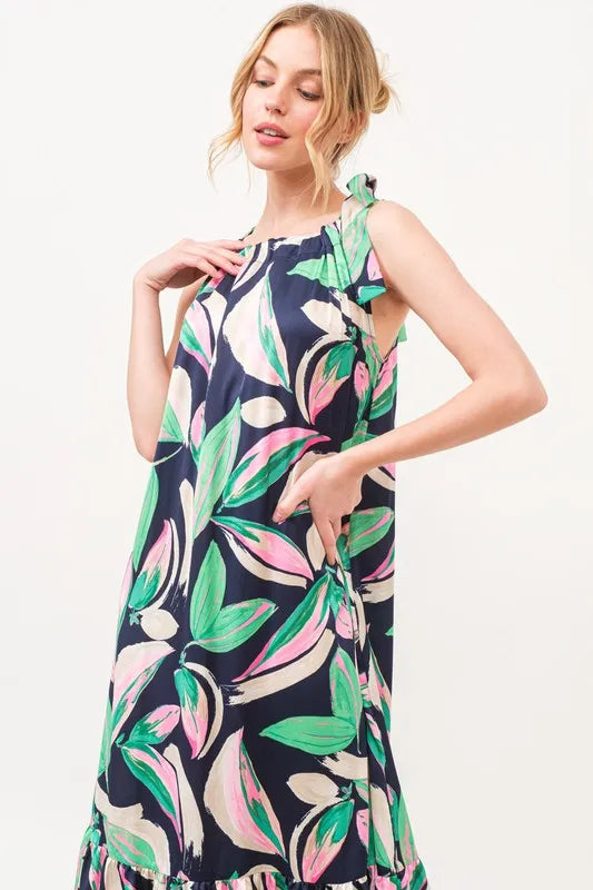 Botanical Printed Halterneck Tiered Maxi Dress in Navy - product view 6