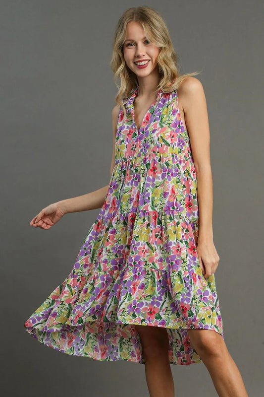 Full Size High-Low Hem Floral Sleeveless Tiered Dress Plus Size in Violetmix - product view 1