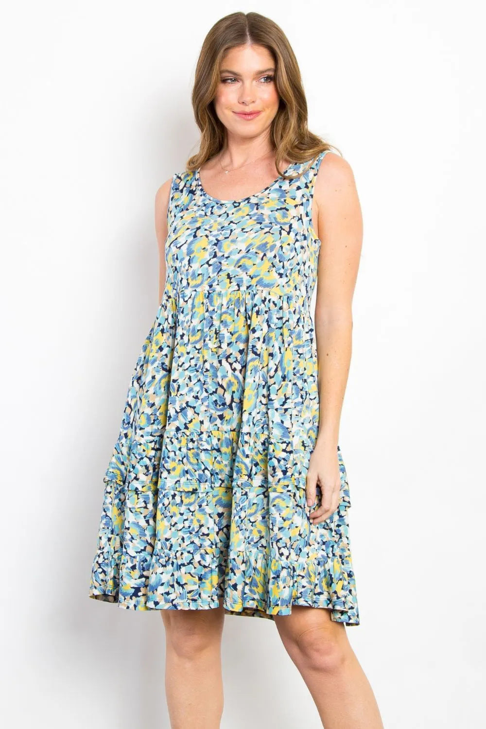 Full Size Print Wrinkle Free Ruffled Dress in Blue - product view 3