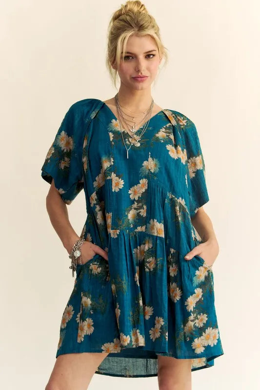 Floral Print Short Bell Sleeve Pleated Mini Dress in Teal Blue - product view 1