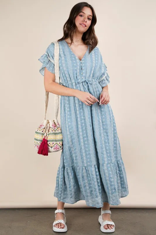 Embroidered Boho Ruffled Midi Dress - Blue - product view 4