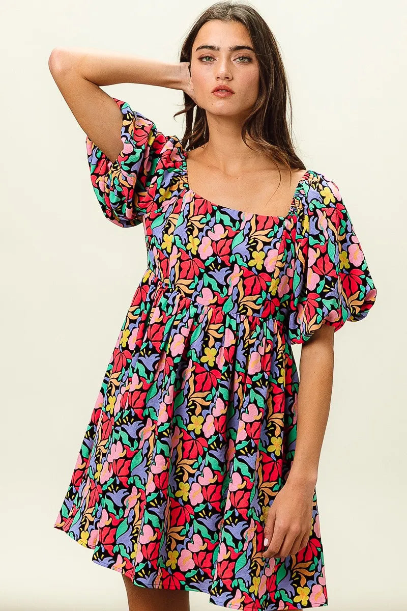 Floral Print Puff Square Neck Dress in Black Multi - product view 3