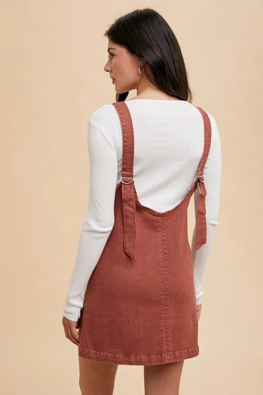 V-Neck Adjustable Strap Denim Overall Dress with Pockets - Rust - product view 3