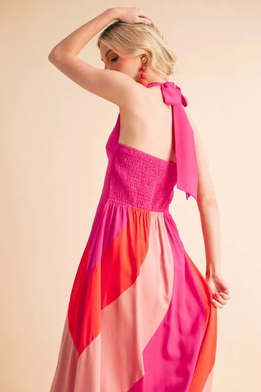 Color Block Sleeveless Maxi Dress in Pink Combo - product view 15