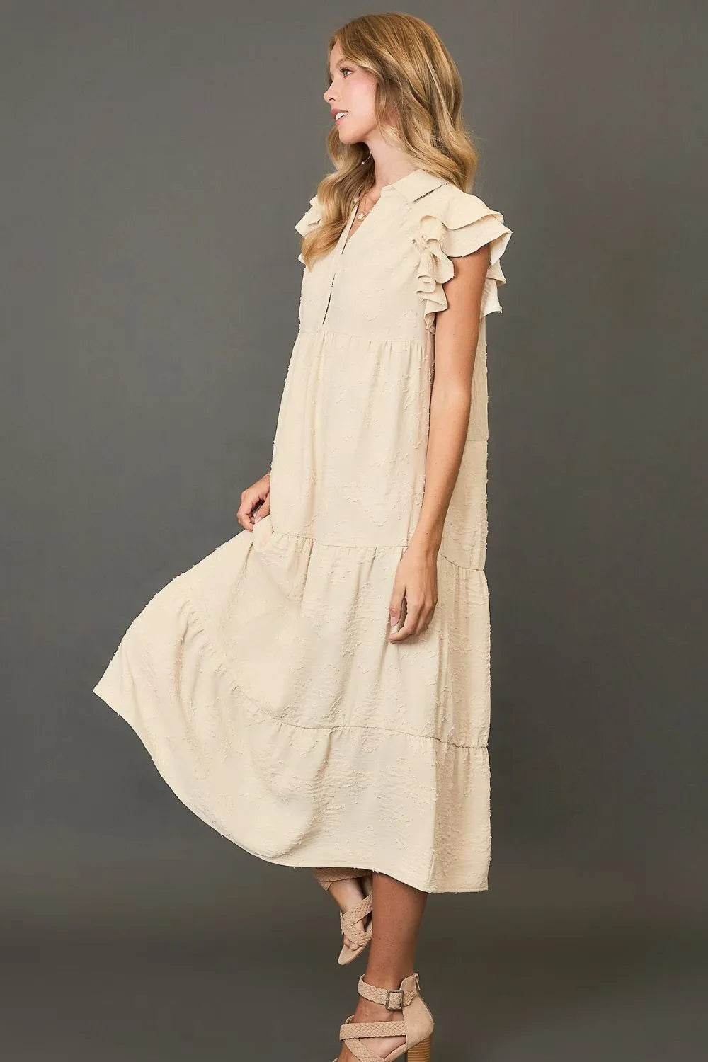 Full Size Tiered Floral Burnout Ruffle Sleeve Midi Dress Plus Size in Cream - product view 2