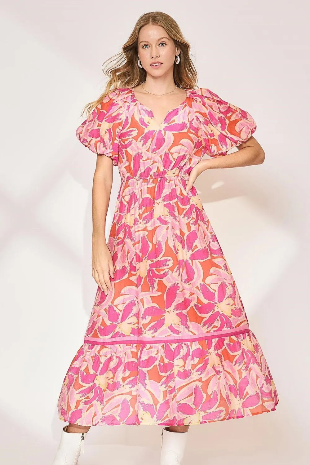 Floral Notched Puff Sleeve Midi Dress in Fuchsia Pink - product view 1