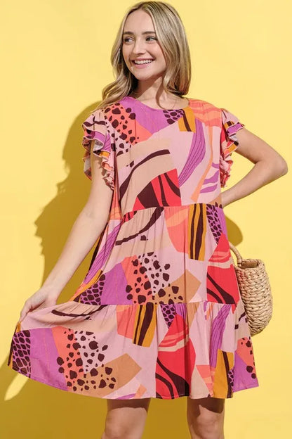 Printed Double Ruffles Sleeve Dress in Mauve - product view 1