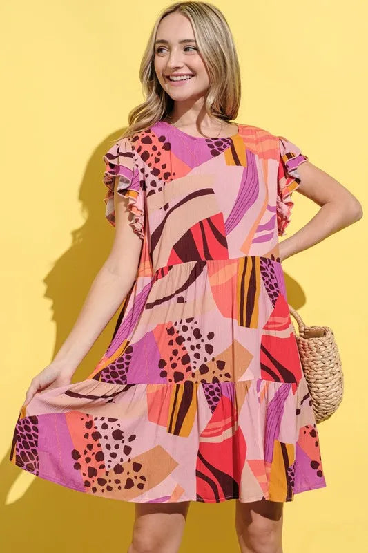 Printed Double Ruffles Sleeve Dress in Mauve - product view 1