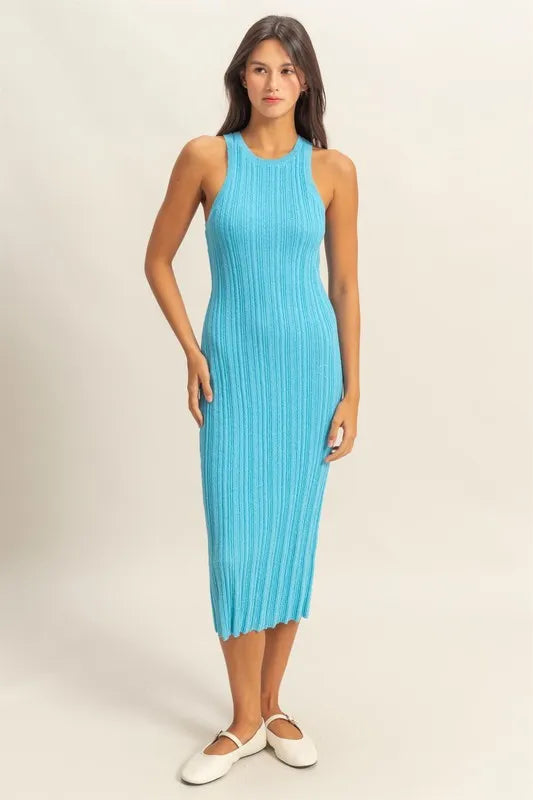 Round Neck Bodycon Ribbed Knit Dress - Blue - product view 1