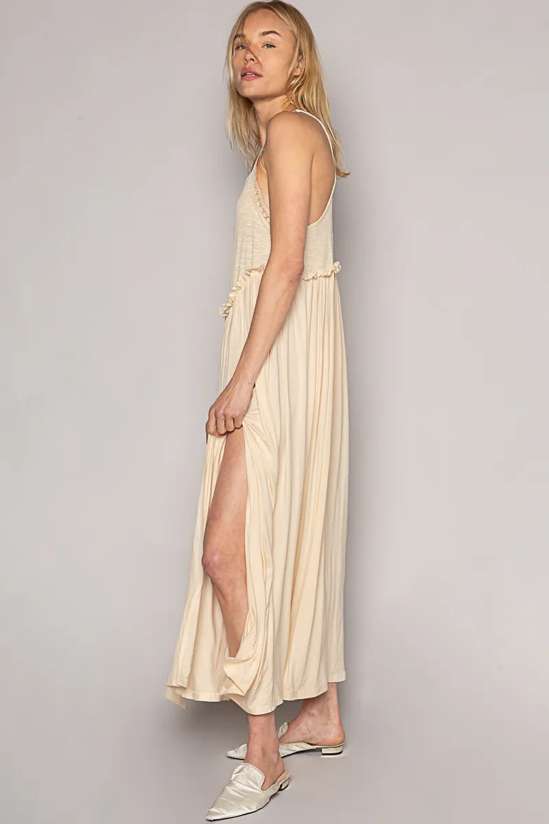 Frill Slit Square Neck Cami Dress in Cream - product view 2