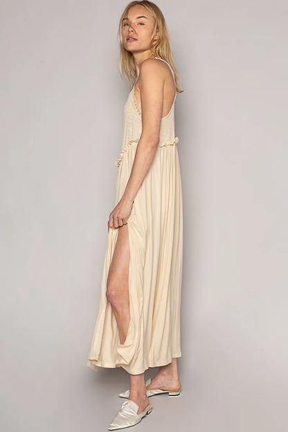 Frill Slit Square Neck Cami Dress in Cream - product view 2