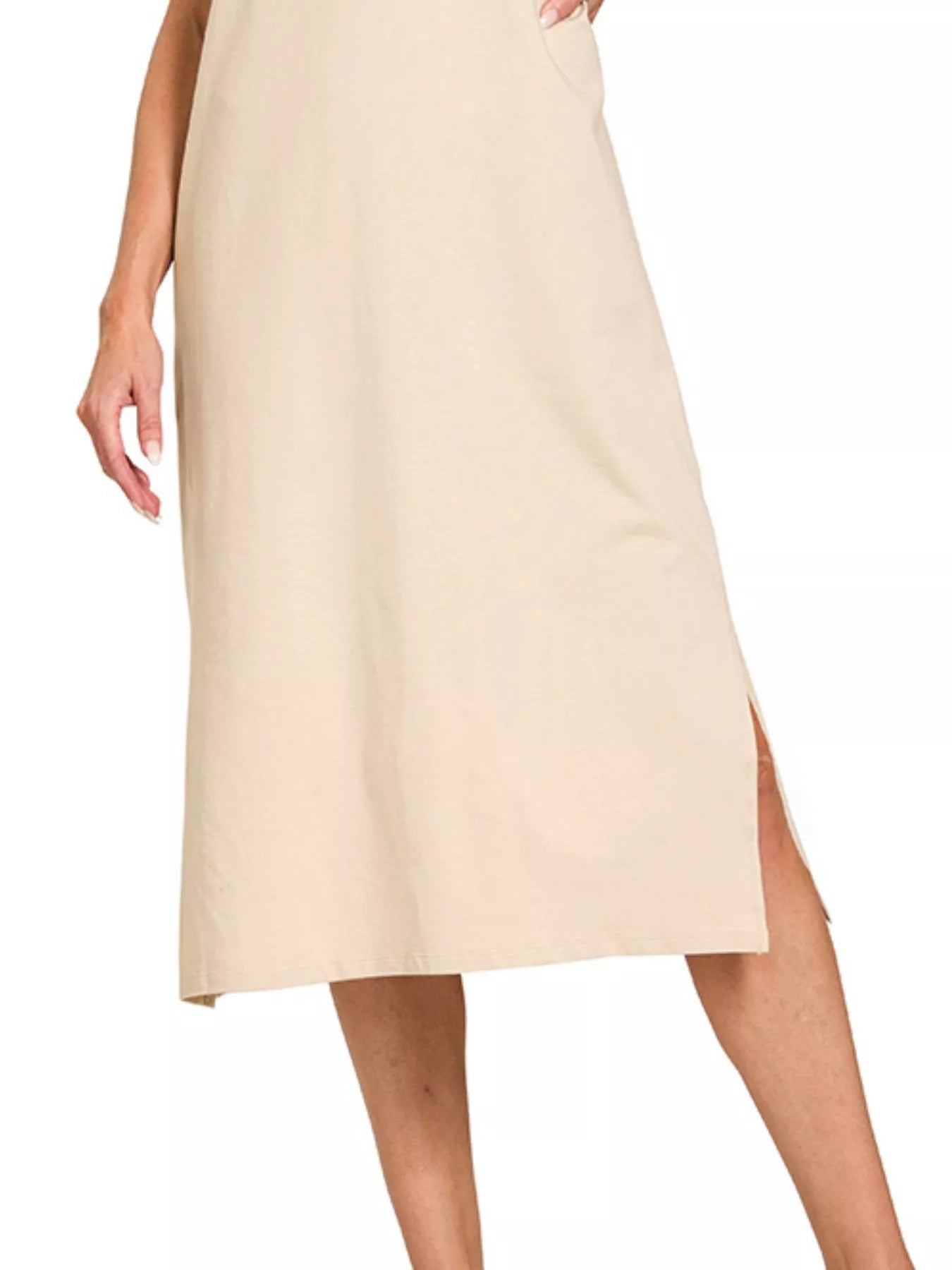 Round Neck Side Slit Midi Dress - Sand Beige - product view 3