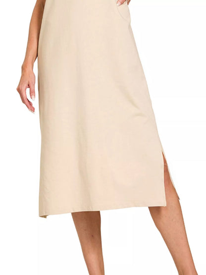 Round Neck Side Slit Midi Dress - Sand Beige - product view 3