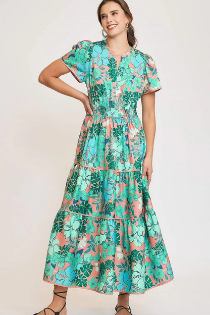 Full Size Printed Notched Short Sleeve Tiered Dress Plus Size - Teal - product view 1