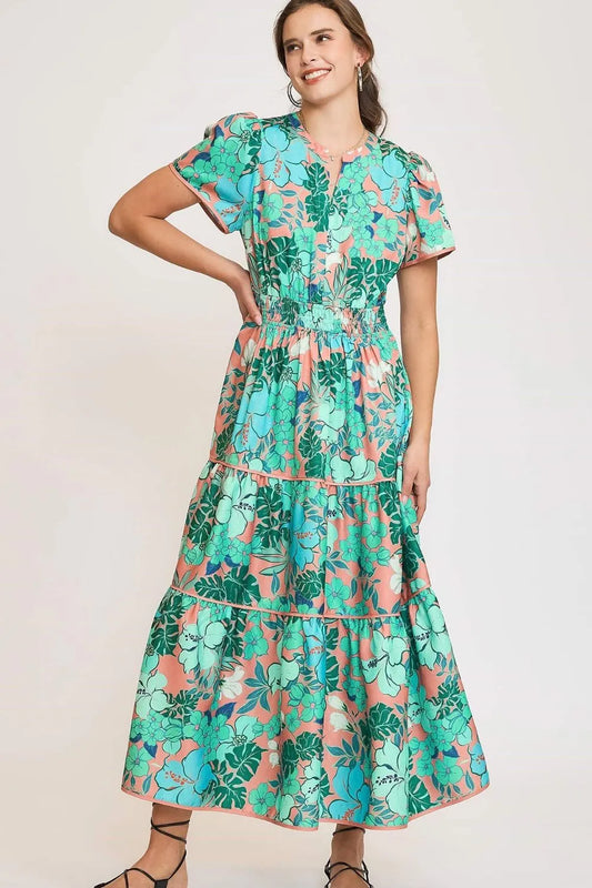 Full Size Printed Notched Short Sleeve Tiered Dress Plus Size - Teal - product view 1