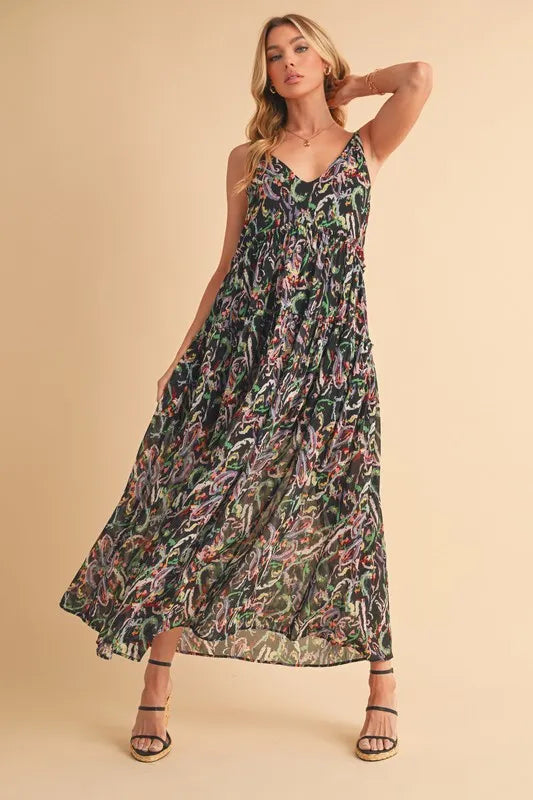 Printed V-Neck Frill Tiered Cami Dress in Black Multicolor - product view 1