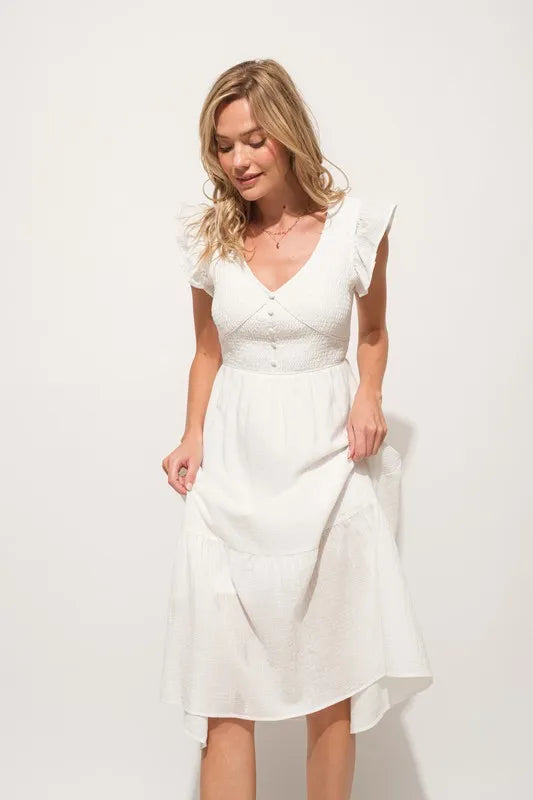 Ruffle Sleeve Front Smocked Tiered Midi Dress in Off White - product view 9