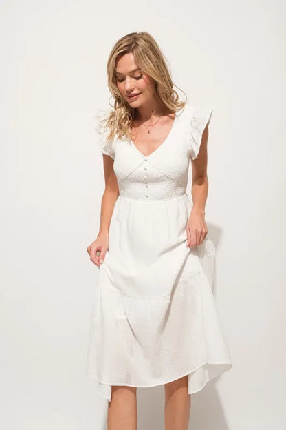 Ruffle Sleeve Front Smocked Tiered Midi Dress in Off White - product view 9