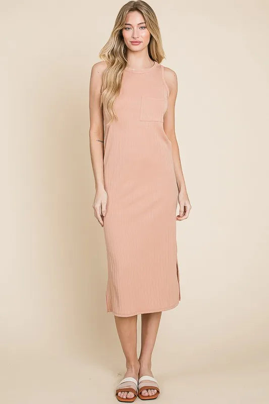 Ribbed Knit Sleeveless Midi Dress in Apricot - product view 1