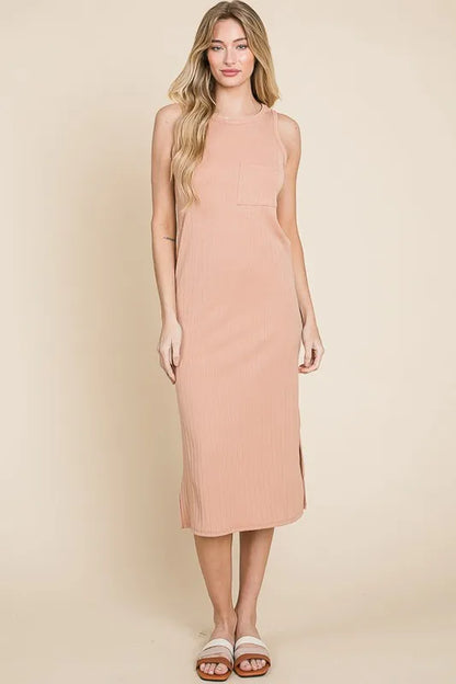Ribbed Knit Sleeveless Midi Dress in Apricot - product view 1