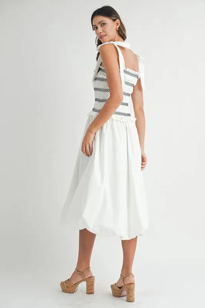 Smocked Bodice Bubble Midi Dress in Off White - product view 8