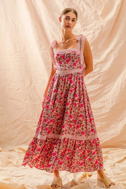 Floral Maxi Dress With Ribbon Tie Lace Strap in Pink Combo - product view 8