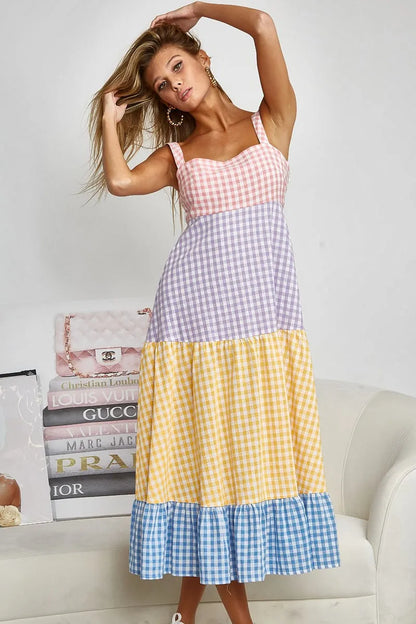 Color Block Tiered Gingham Dress in Yello/Sage/Blue/Purp - product view 4