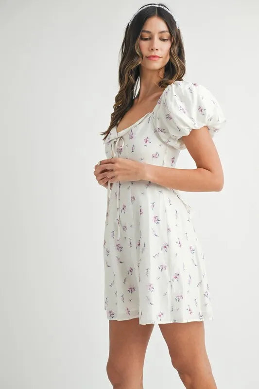 Floral Print Puff Sleeve Mini Dress - Off White - product view 4