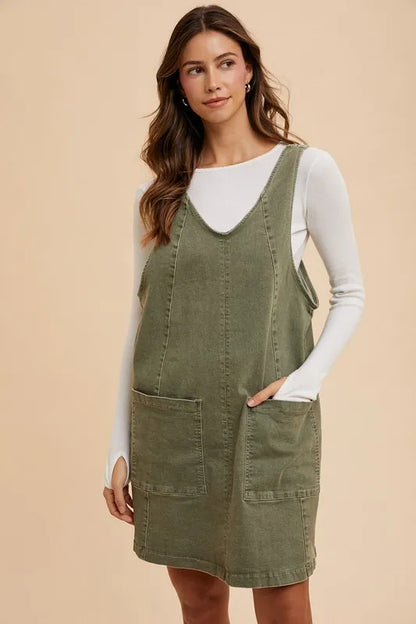 V-Neck Adjustable Strap Denim Overall Dress with Pockets - Army Green - product view 1