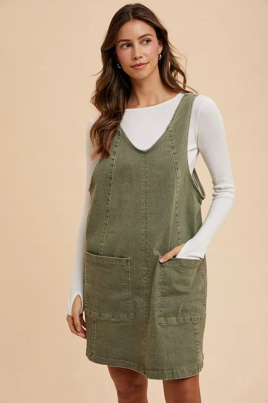 V-Neck Adjustable Strap Denim Overall Dress with Pockets - Army Green - product view 1