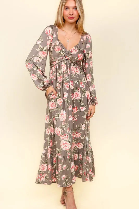 Twisted Detail Ruffled Hem Floral Dress with Side Pockets in Mauve Blush - product view 5