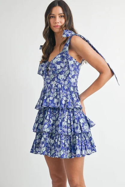 Floral Print Shoulder Tie Layered Mini Dress - Royal Blue - product view 4