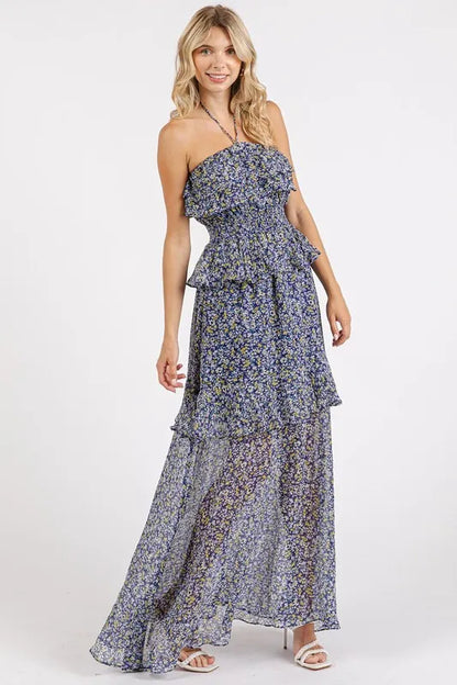 Ruffled Smocked Floral Halter Neck Maxi Dress - Dark Navy - product view 4