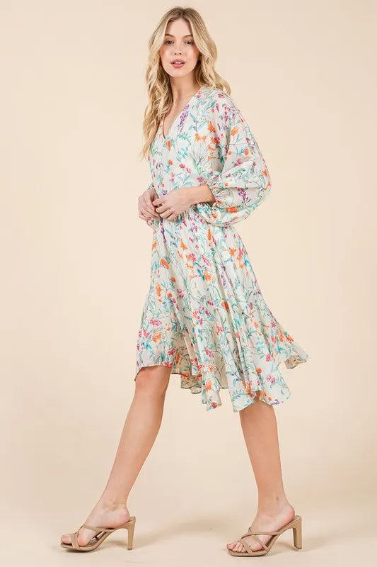 Floral Cinched Waist Balloon Sleeve V-Neck Dress in Ivory Floral - product view 8