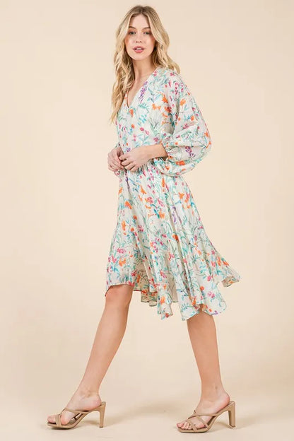 Floral Cinched Waist Balloon Sleeve V-Neck Dress in Ivory Floral - product view 8