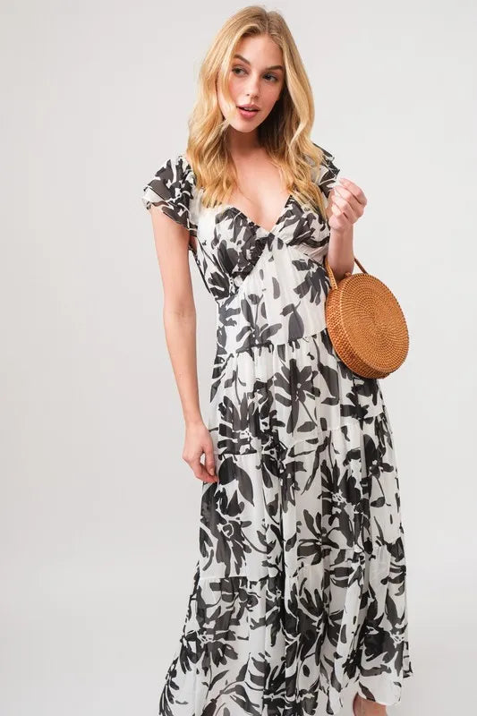 Ruffled Sleeve Tiered Floral Print Maxi Dress in Black Cream - product view 5