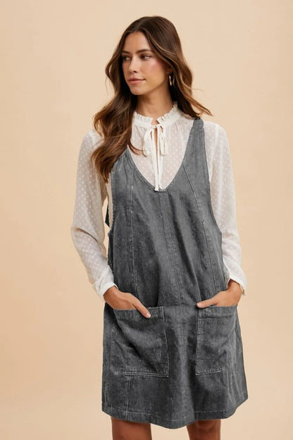 V-Neck Adjustable Strap Denim Overall Dress with Pockets - Charcoal - product view 1