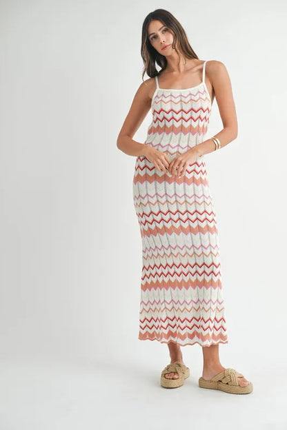 Lightweight Pointelle Chevron Knit Maxi Dress - Salmon - product view 1