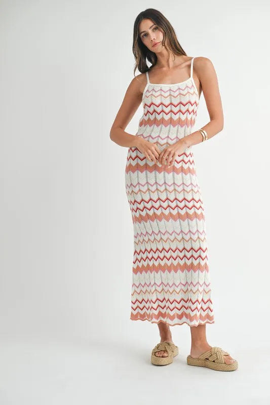 Lightweight Pointelle Chevron Knit Maxi Dress - Salmon - product view 1