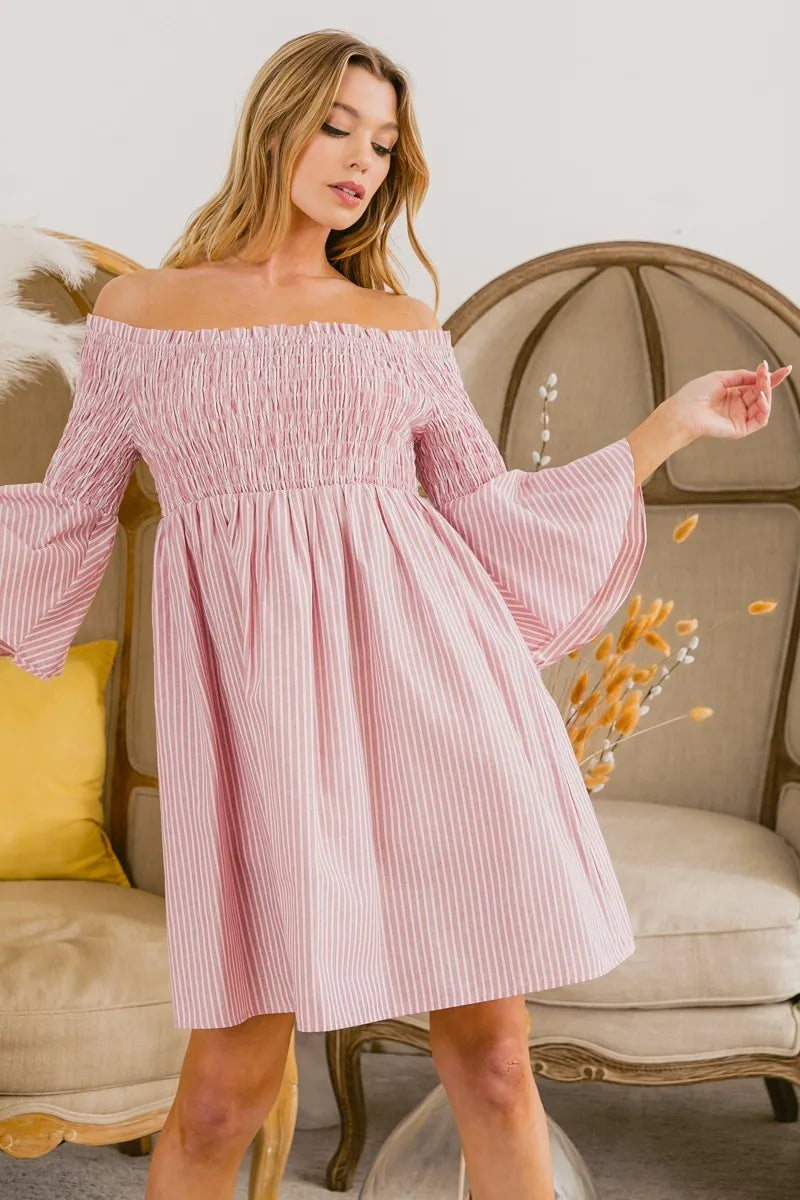 Smocked Off Shoulder Striped Dress - Blush - product view 5