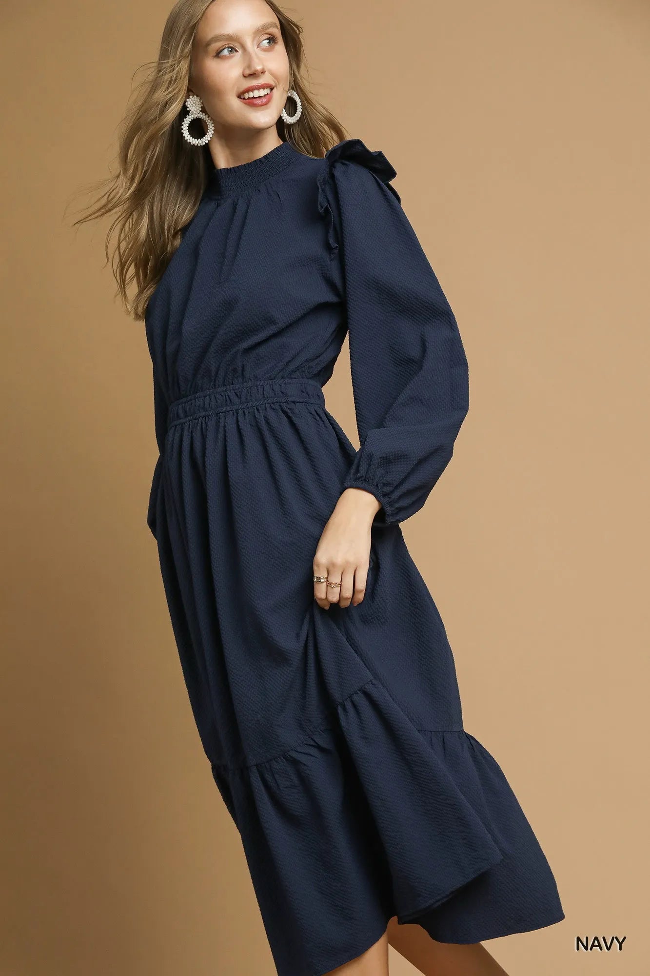 Textured Midi Dress with Ruffle Shoulder Detail - Navy - product view 2