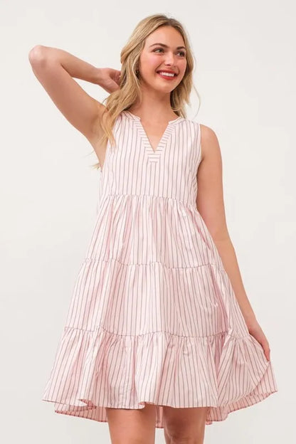 Striped Sleeveless V-Neck Tiered Dress in Pink - product view 7