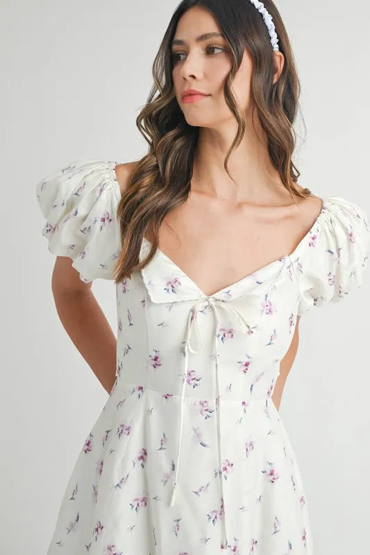 Floral Print Puff Sleeve Mini Dress - Off White - product view 7