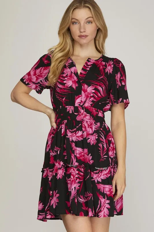 Full Size Printed Notched Short Sleeve Frill Tiered Dress Plus Size - Black - product view 1
